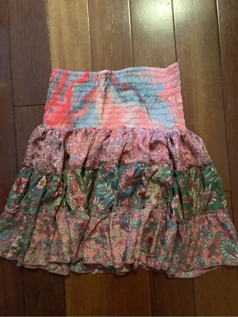 Bohemian Tiered Mini Skirt in Pink and Green Karma Highway